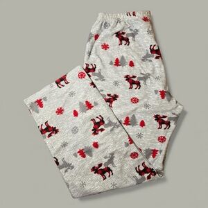 Kids Large Pajama Bottoms with red Reindeer printed on a gray waffle flannel